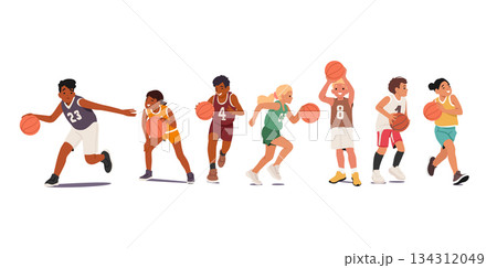 Children cartoon character in uniform playing basketball enjoying professional sports activity set Children cartoon character in uniform playing basketball enjoying professional sports activity set 134312049