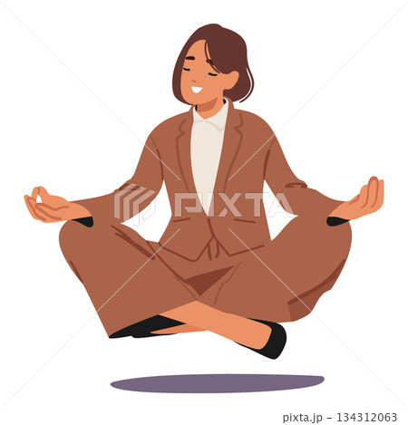 Businesswoman character enjoying meditation for stress relief in levitation pose isolated on white Businesswoman character enjoying meditation for stress relief in levitation pose isolated on white 134312063