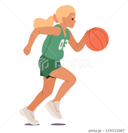 Girl child basketball player cartoon character in uniform participating in sports school competition 134312067