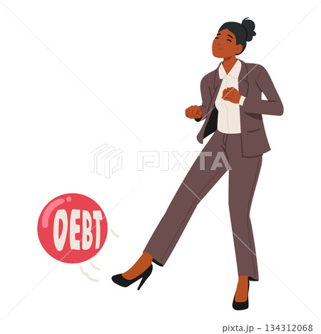 Happy businesswoman cartoon character kicking ball labeled debt being freed from financial stress 134312068