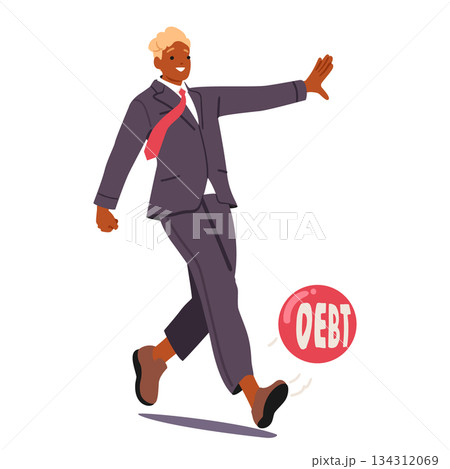 Businessman cartoon character powerfully kicking red fitness ball labeled debt isolated on white 134312069
