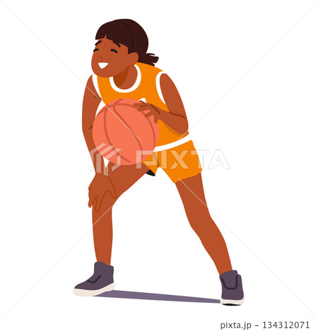 Girl child basketball player cartoon character wearing uniform dribbling ball isolated on white 134312071