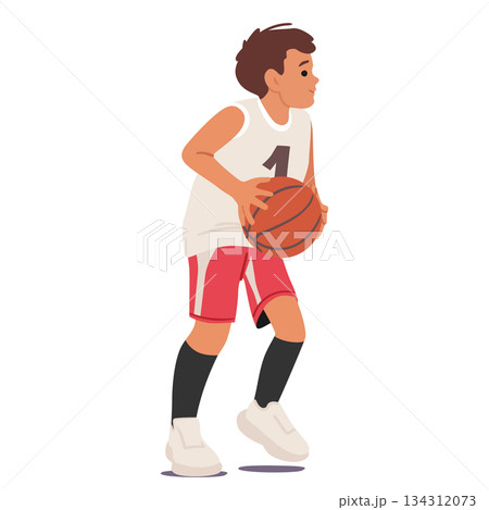 Schoolboy basketball player cartoon character wearing team uniform playing championship match 134312073