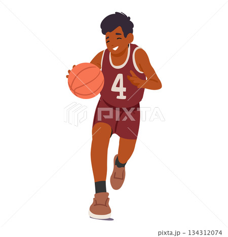 Brave boy child basketball player cartoon character wearing jersey team uniform playing game match 134312074