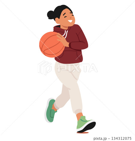 Cute sportive girl kid cartoon character holding basketball ball in hands running fast playing game 134312075