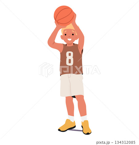 Cute preschool boy child little cartoon character throwing ball over head while playing basketball 134312085