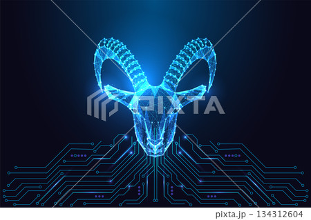 Futuristic glowing goat skull with horns on circuit board, digital zodiac vector illustration 134312604