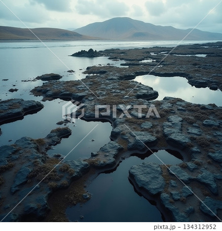 AI generated Idyllic coastal scene showcasing placid pools and rolling hills in distance 134312952