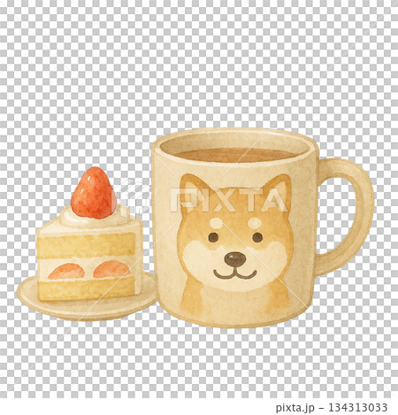 水彩風 イラスト 秋田犬 マグカップ ショートケーキ 134313033