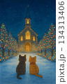 クリスマスの夜、雪が降る夜の教会と猫 134313406