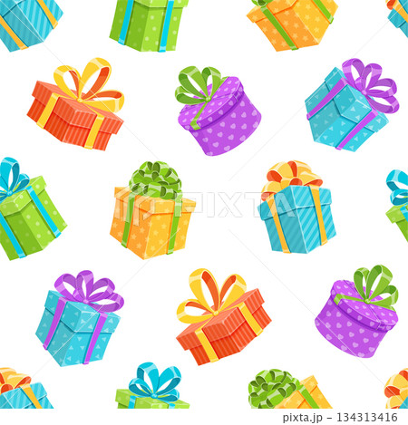 Cartoon gift box seamless pattern. Colorful present boxes with ribbons and bows create a festive vibe. Perfect for birthday and holiday themes, adding a surprise element to any cheerful decoration. 134313416
