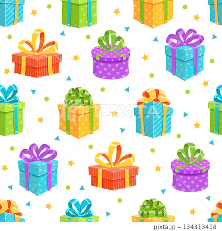 Cartoon seamless pattern with gift boxes. Presents adorned with colorful ribbons and bows create a festive surprise theme. Ideal for birthday and celebration projects. 134313418