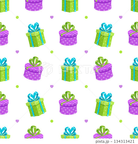 Seamless cartoon gift box pattern with ribbon and bow. Holiday celebration with presents and cheerful packages for colorful events. Perfect surprise wrapping for parties. 134313421