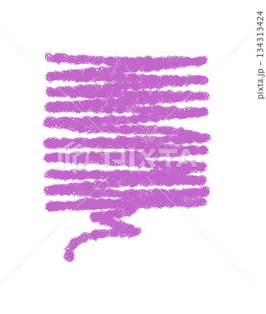 Scribble speech bubble in purple crayon style forms a playful box. Graphic chat doodle with talk and dialog message accents. Vivid abstract look for creative conversation artworks. 134313424