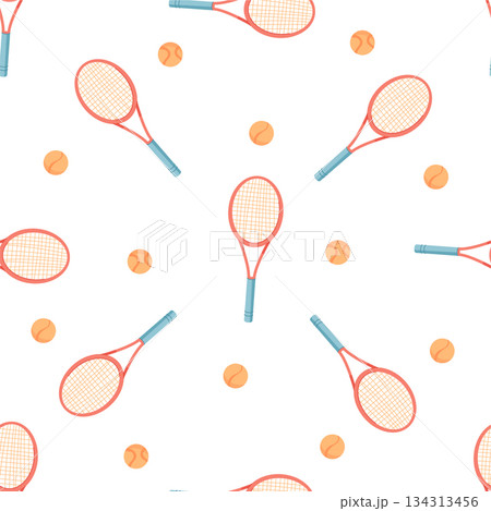 Seamless pattern with tennis rackets and balls in minimal style. Sport equipment decor for fitness and workout themes. Ideal for wallpaper, hobby decoration, gym textiles. 134313456