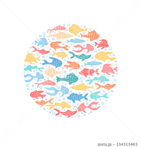 Underwater marine life in a round pattern showcases aquatic fish concept. Group of cartoon sea creatures forms a marine circle. Seamless ocean design, flat playful style. Underwater marine life in a round pattern showcases aquatic fish concept. Group of cartoon sea creatures forms a marine circle. Seamless ocean design, flat playful style. 134313463