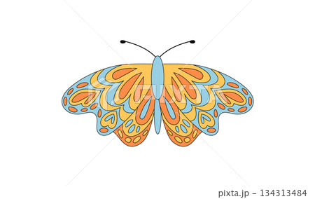 Retro groovy butterfly sticker in flat style. Funky and colorful pop symbol with orange and yellow, psychedelic retro look as a fun groovy element for creative vintage projects. 134313484