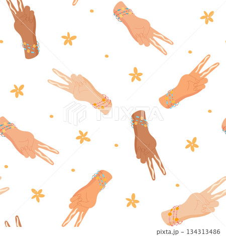 Sunscreen two finger rule seamless flat pattern, womans hand shape for sun protection and spf sunblock cream pattern. Skin and body care background, cosmetic summer product, health sun cream, seamless 134313486