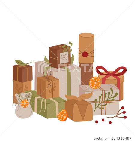 Rustic kraft gift box composition flat graphic style. Eco present with ribbon, bow and craft package create christmas mood. Brown and red box graphic as holiday decor, perfect for seasonal concept. 134313497