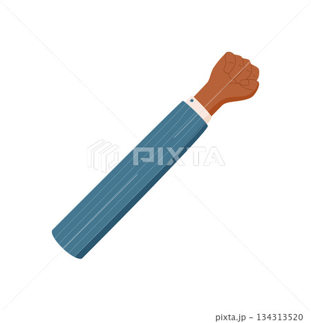 Flat icon of hand gesture showing number five. Brown hand with raised fingers expresses closed fist count signal. Arm with clothed wrist in blue sleeve conveys professional style. Simple and clear 134313520