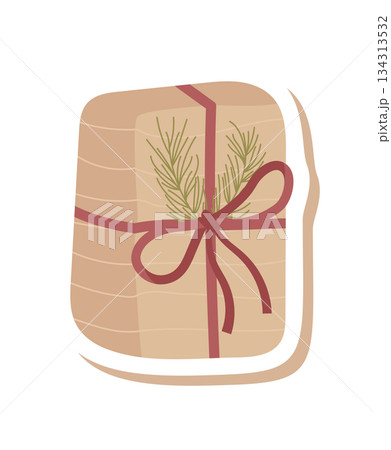 Rustic kraft gift box with eco bow and ribbon, flat style sticker. Christmas present with red ribbon and natural tone, perfect as festive decor or sustainable packaging label. 134313532