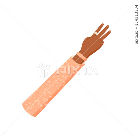 Flat cartoon hand gesture showing three fingers. Human hand with finger pose signaling the number three. Brown with sleeve up, isolated for count or math design. 134313534