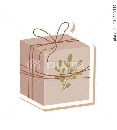 Flat kraft gift box with brown ribbon and eco cardboard design sticker. Trendy present sticker and christmas packaging, perfect for holiday or party decor modern gift wrapping concept. Flat kraft gift box with brown ribbon and eco cardboard design sticker. Trendy present sticker and christmas packaging, perfect for holiday or party decor modern gift wrapping concept. 134313547
