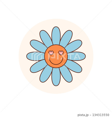 Groovy retro smiley flower in a flat circle creates a playful blue and orange sticker badge. Y2k patch label adds heart accent, ideal for package or lid use as cheerful label or package seal. 134313550