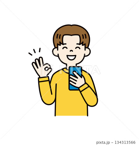 スマートフォンを持ってOKサインをする、若い男性・男子学生のベクターイラスト素材_カラー スマートフォンを持ってOKサインをする、若い男性・男子学生のベクターイラスト素材_カラー 134313566