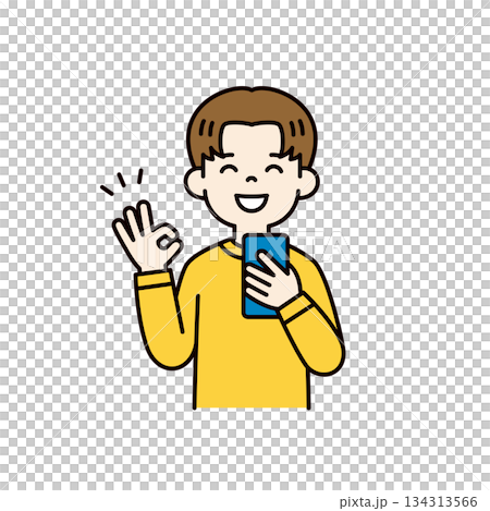 スマートフォンを持ってOKサインをする、若い男性・男子学生のベクターイラスト素材_カラー スマートフォンを持ってOKサインをする、若い男性・男子学生のベクターイラスト素材_カラー 134313566