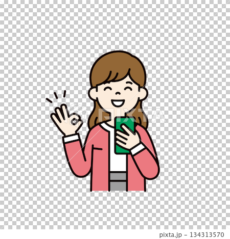 Vector illustration of a woman, housewife, or mom holding a smartphone and making an OK sign_Color 134313570
