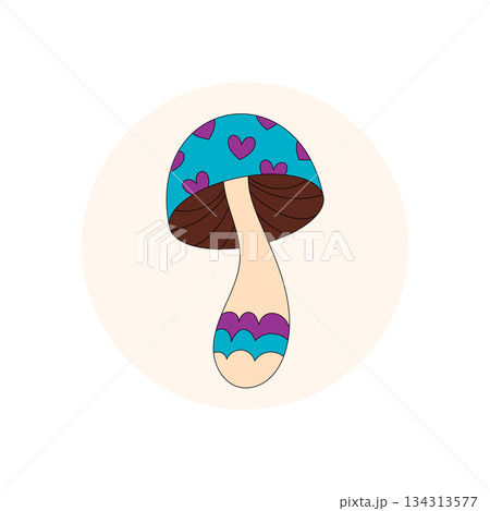 Groovy retro mushroom sticker label in colorful circle with heart shape. Fun y2k seal for box and package lid. Creative product for trendy packaging accent. Groovy retro mushroom sticker label in colorful circle with heart shape. Fun y2k seal for box and package lid. Creative product for trendy packaging accent. 134313577