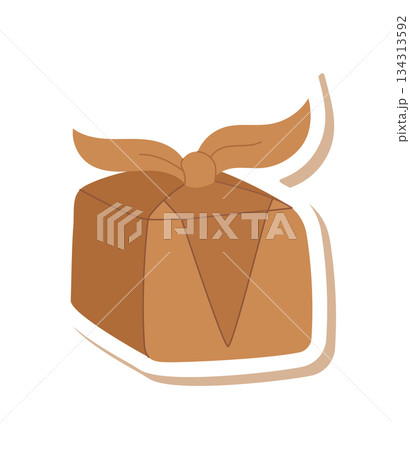 Vintage flat kraft gift box label in brown cardboard style. Eco carton package for xmas and present, perfect for holiday decor or sustainable gift packaging concept. 134313592