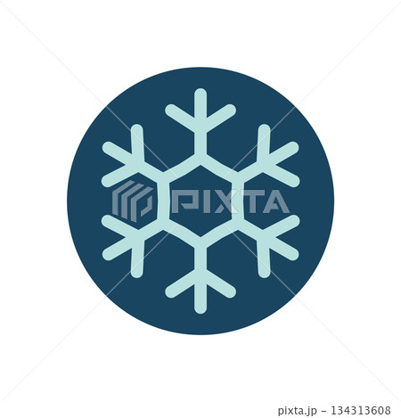 Flat blue snowflake sticker icon with round ornament and white line. Ice and cold xmas element suits winter box, chill holiday label or seasonal lid, combining clear shape with simple style. 134313608