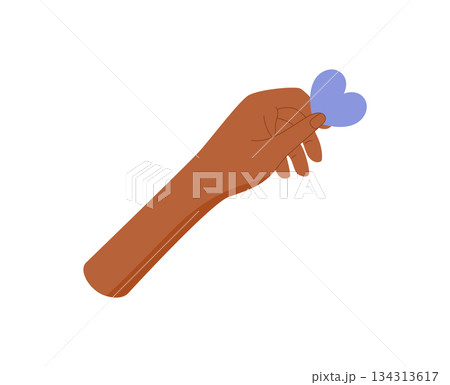 Flat hand holding heart symbol sticker. Human gesture of love, care, and giving with charity and support. Simplistic colorful concept for aid, solidarity, nonprofit messages. 134313617