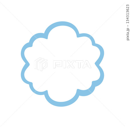Groovy outline scallop bubble shape border with retro line doodle look. Abstract y2k frame and graphic element, blue background, modern pop accent. Playful and creative stock style. 134313623
