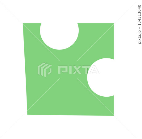 Green jigsaw puzzle silhouette in flat style. Graphic depiction of a classic tile piece from popular table or boardgame. Bright concept of play or toy, promoting fun and strategy activities. 134313640
