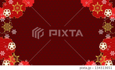 華やかな雪と和の横型背景、16:9サイズ 134313651