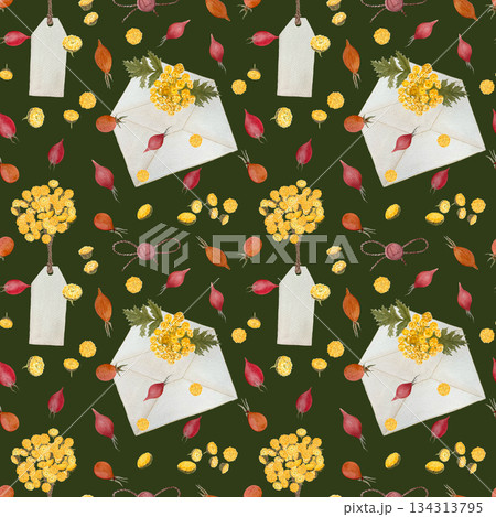 Envelopes, tags, rose hips, and yellow flowers seamless watercolor pattern with on deep green background. Hand-painted autumn stationery design for packaging, wrapping paper, branding, seasonal decor Envelopes, tags, rose hips, and yellow flowers seamless watercolor pattern with on deep green background. Hand-painted autumn stationery design for packaging, wrapping paper, branding, seasonal decor 134313795