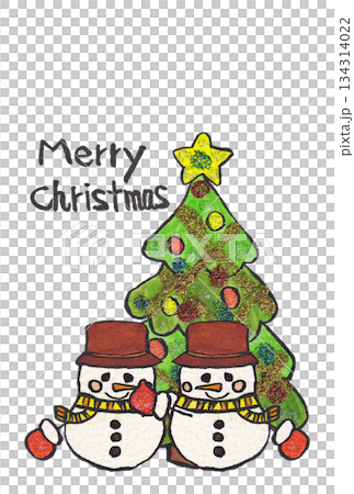 Hand-painted watercolor (etegami) "Christmas card" with text - two snowmen 134314022