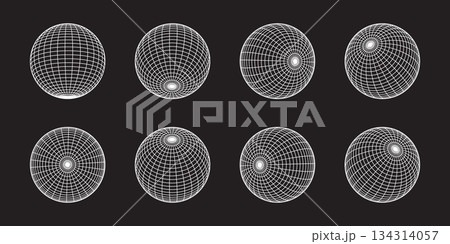 Set of white globe wireframes in different positions on black background. 3D orb models, spherical shapes, mesh balls. Earth sphere figures with longitude and latitude lines. Vector illustration Set of white globe wireframes in different positions on black background. 3D orb models, spherical shapes, mesh balls. Earth sphere figures with longitude and latitude lines. Vector illustration 134314057