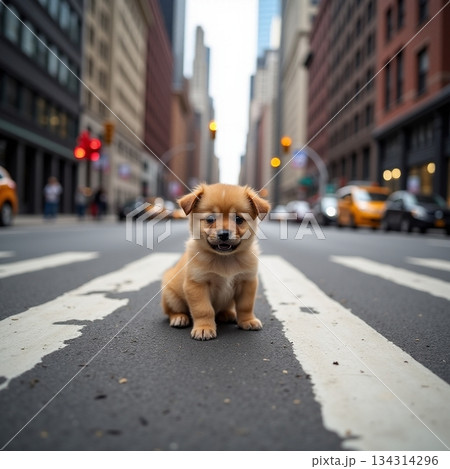 AI generated Charming coated puppy with expressive eyes pauses during busy city 134314296