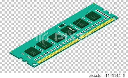 DRAMメモリモジュールの立体構造を示したアイソメ図 134314446