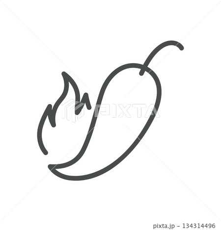 Chili Pepper with Flame Icon. Thin Line Illustration of a Hot Pepper Engulfed in Fire, Symbolizing Intense Heat, Spicy Flavor and Burning Capsaicin Kick. Isolated Outline Vector Sign. 134314496