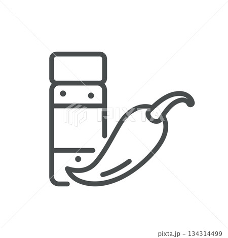 Chili Seasoning Icon. Thin Line Illustration of a Spice Shaker with a Hot Chili Pod, Symbolizing Fiery Seasoning, Chili Powder Blend and Spicy Culinary Condiment. Isolated Outline Vector Sign. 134314499