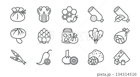 Pizza Ingredients Icons Set. Cheese, Pepperoni, Mushrooms, Sauce Jar and Toppings for Italian Pizzeria Menu. Clean Linear Vector Pack. Pizza Ingredients Icons Set. Cheese, Pepperoni, Mushrooms, Sauce Jar and Toppings for Italian Pizzeria Menu. Clean Linear Vector Pack. 134314510