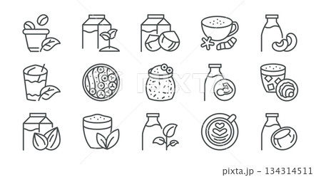Plant Milk and Vegan Drinks Icons Set. Oat, Almond, Soy, Cashew Beverages, Coffee Latte, Matcha Tea, Snacks and Breakfast Items. Linear Vector Pack. 134314511