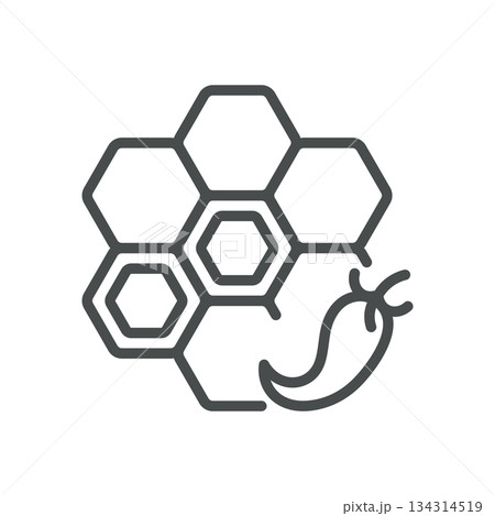 Spicy Honey Icon. Thin Line Illustration of Honeycomb and Chili Pepper, Symbolizing Hot Honey Infusion, Sweet and Spicy Flavor and Gourmet Condiment. Isolated Outline Vector Sign. Spicy Honey Icon. Thin Line Illustration of Honeycomb and Chili Pepper, Symbolizing Hot Honey Infusion, Sweet and Spicy Flavor and Gourmet Condiment. Isolated Outline Vector Sign. 134314519