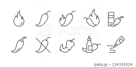 Hot Sauce and Chili Pepper Icons Set. Spicy, No Spice, Flame, Broken Pepper, Bottle and Squeeze Drip for Warning and Menu Marking. Linear Vector Pack. 134314524