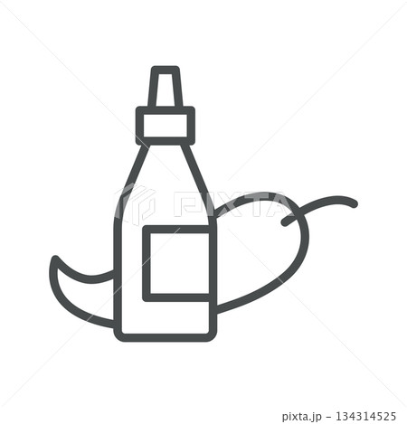 Sriracha Sauce Icon. Thin Line Illustration of a Chili Pepper and Hot Sauce Bottle, Symbolizing Spicy Sriracha Condiment, Chili Garlic Sauce and Asian Cuisine. Isolated Outline Vector Sign. 134314525